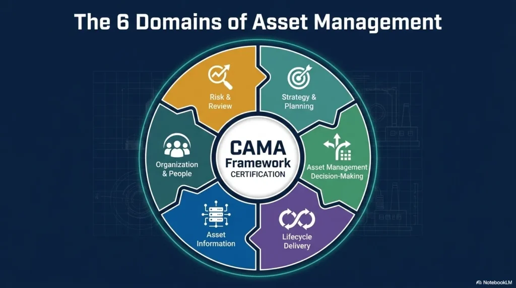 Infographic showing the 6 CAMA domains: Strategy, Decision-Making, Lifecycle, Information, Organization, and Risk.