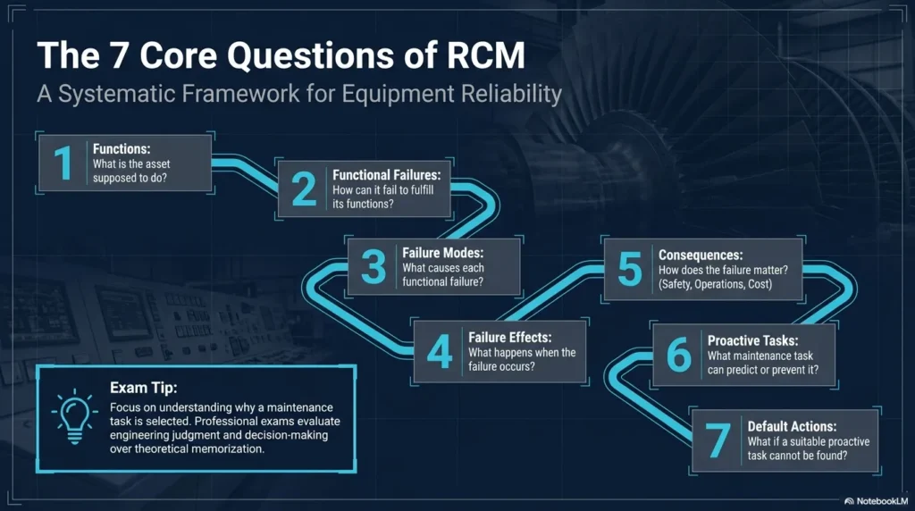 Infographic of the 7 fundamental questions of the RCM methodology.
