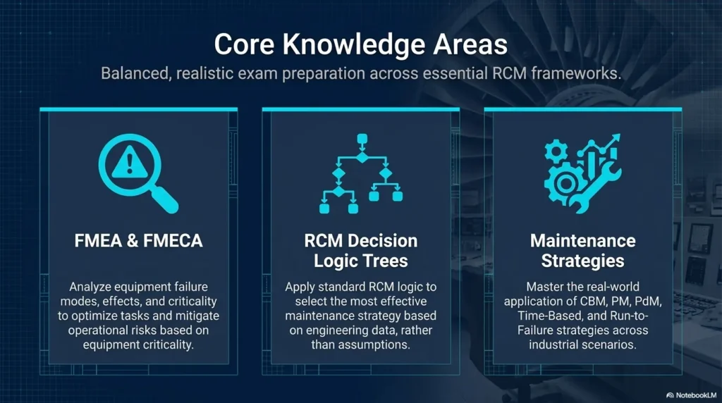 RCM knowledge areas including FMEA, FMECA, and Decision Logic Trees.