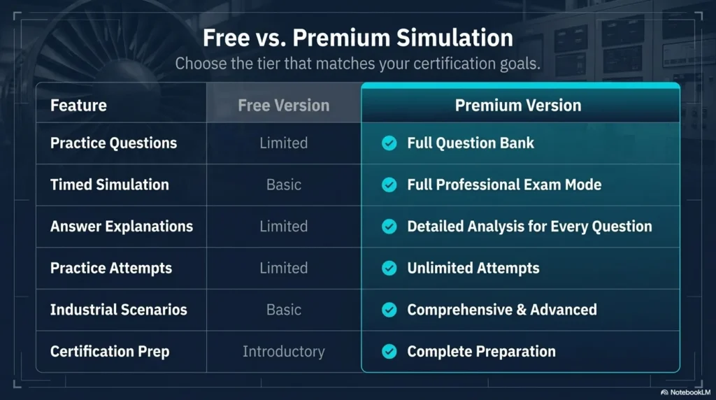 Comparison table between free and premium RCM simulation exam features.