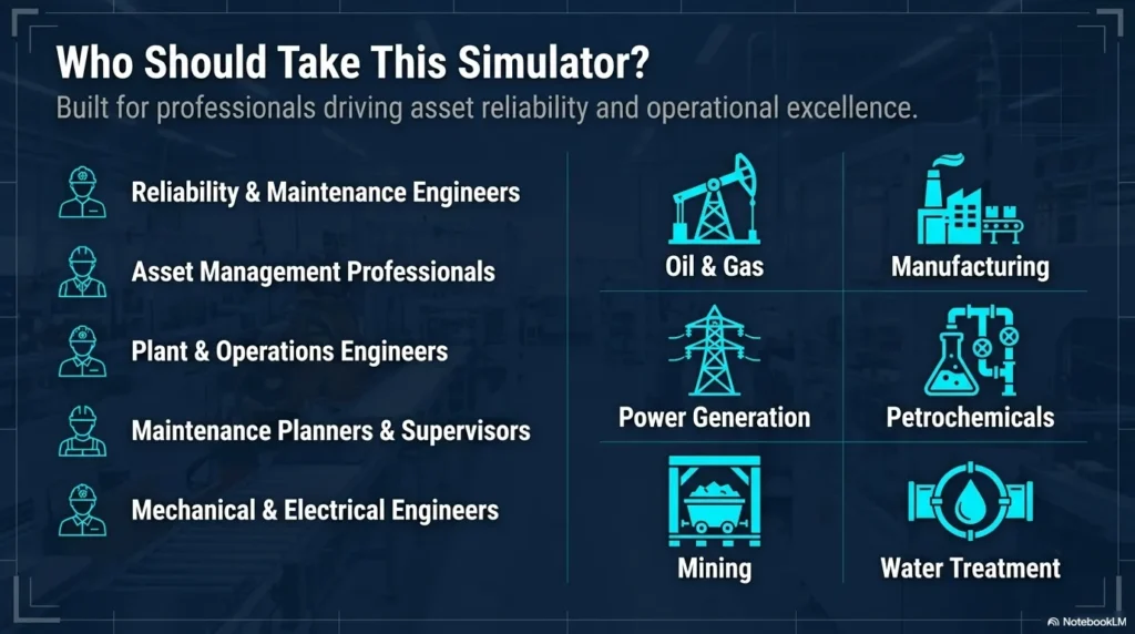 Target industries like Oil & Gas and roles like Reliability and Maintenance Engineers.