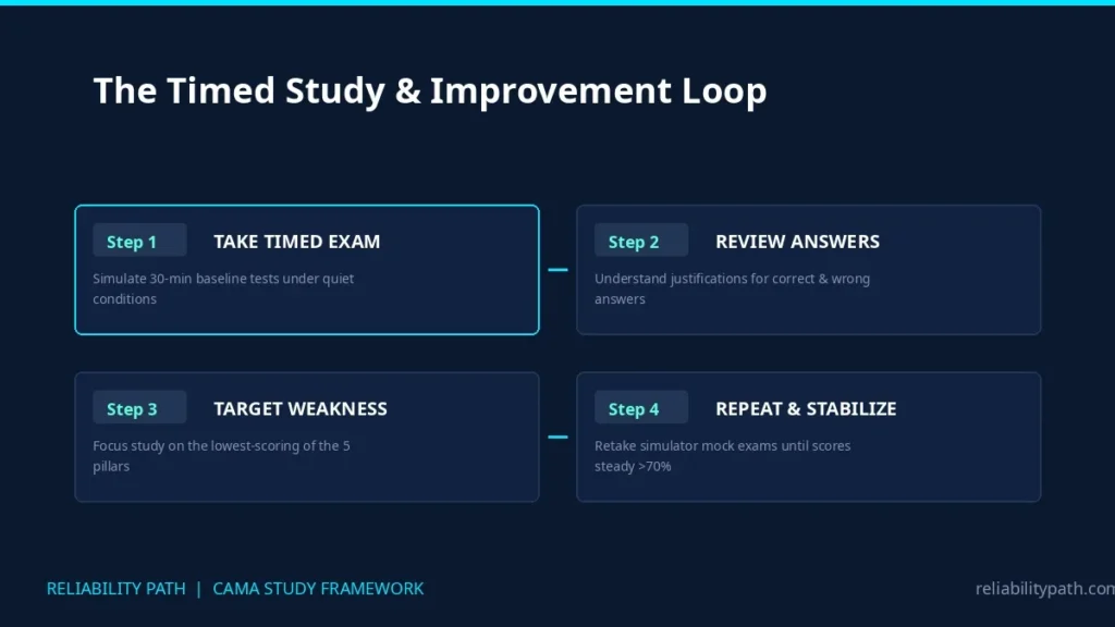  Flowchart illustrating the 4-step cycle: take under timed conditions, review explanations, target weak domains, and repeat.