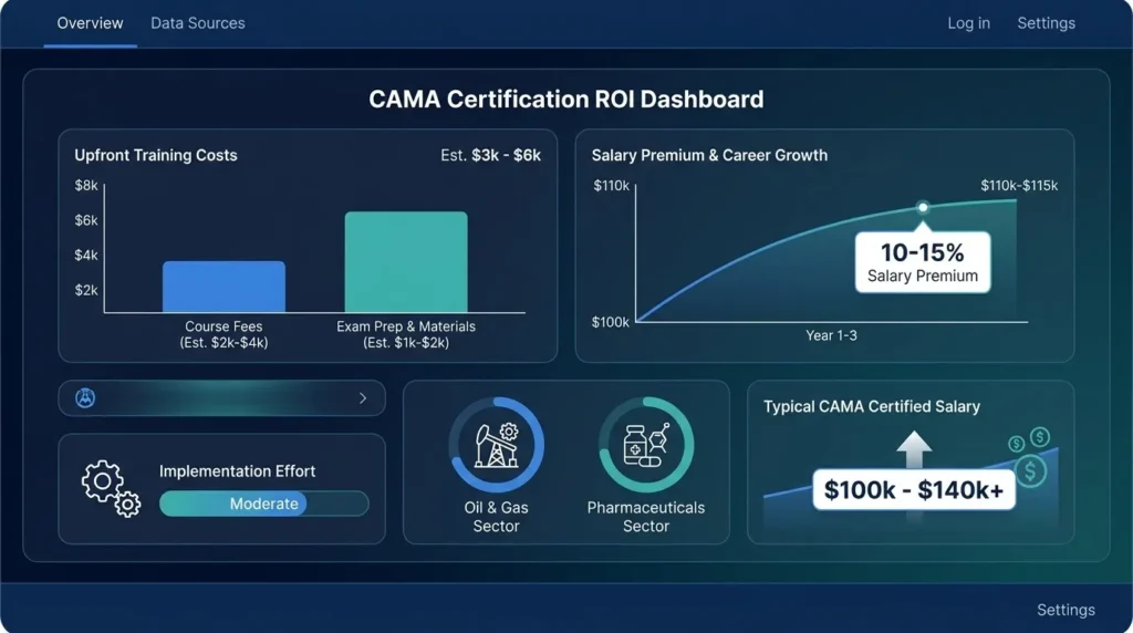 Summary infographic comparing CAMA certification cost vs. annual salary premium and career ROI.