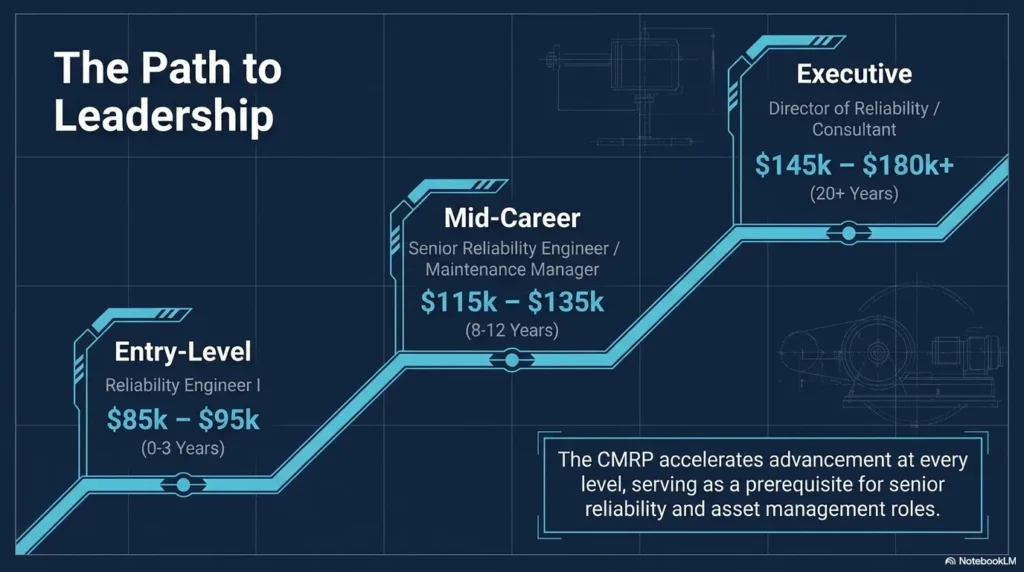Roadmap diagram illustrating the professional career progression from Maintenance Planner to Asset Manager and Director.