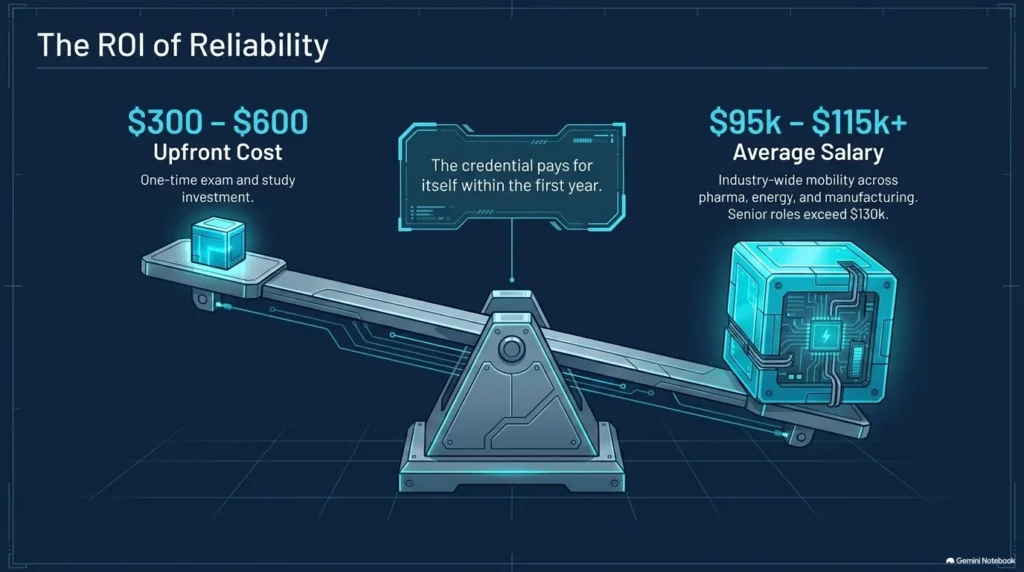 Balance scale comparing the upfront CMRP cost with the long-term career salary growth and job mobility.