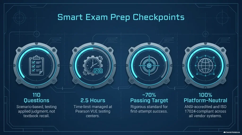  Info banner detailing CMRP exam preparation strategy and 2.5-hour time management checkpoints.
