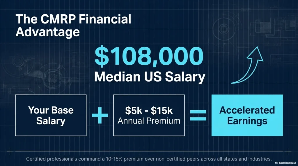 CMRP Certification Salary overview showing average earnings and salary premium in the USA and the annual earning premium over non-certified peers.