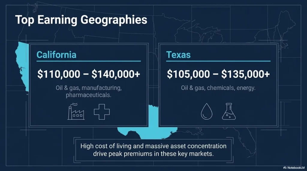 Map outline or state-level comparison chart highlighting CMRP salaries in Texas, California, and Louisiana.
