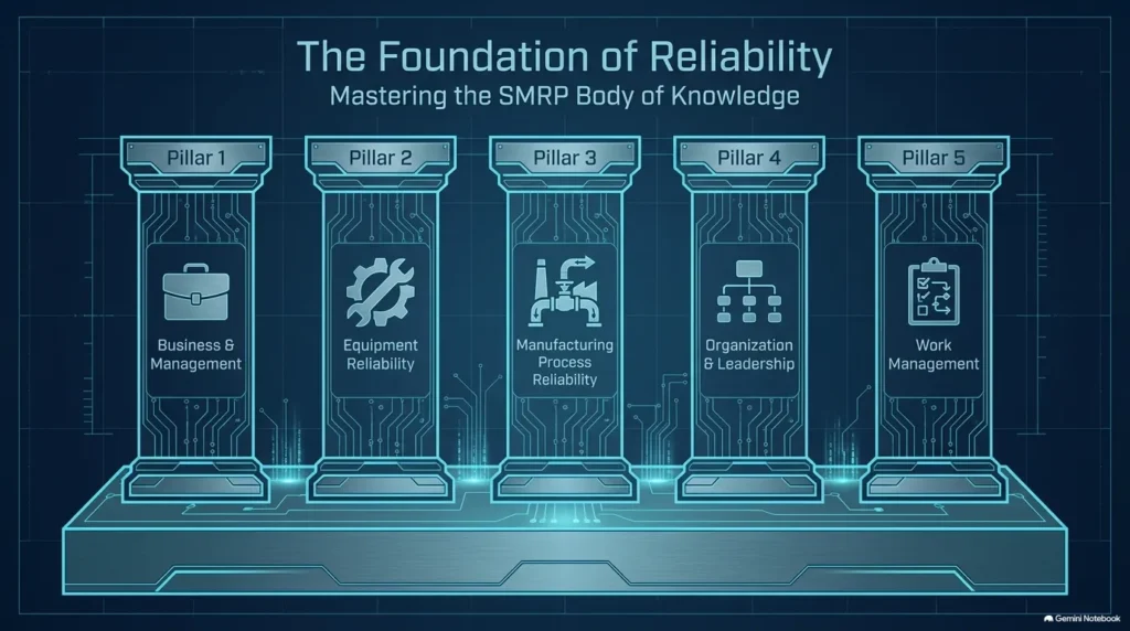 Isometric diagram showing the 5 pillars of the SMRP Body of Knowledge required for CMRP certification.