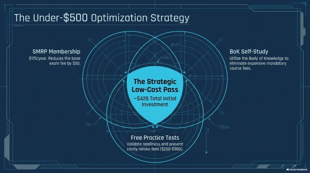  Venn diagram illustrating the optimal low-cost study strategy combining SMRP membership, self-study, and practice tests