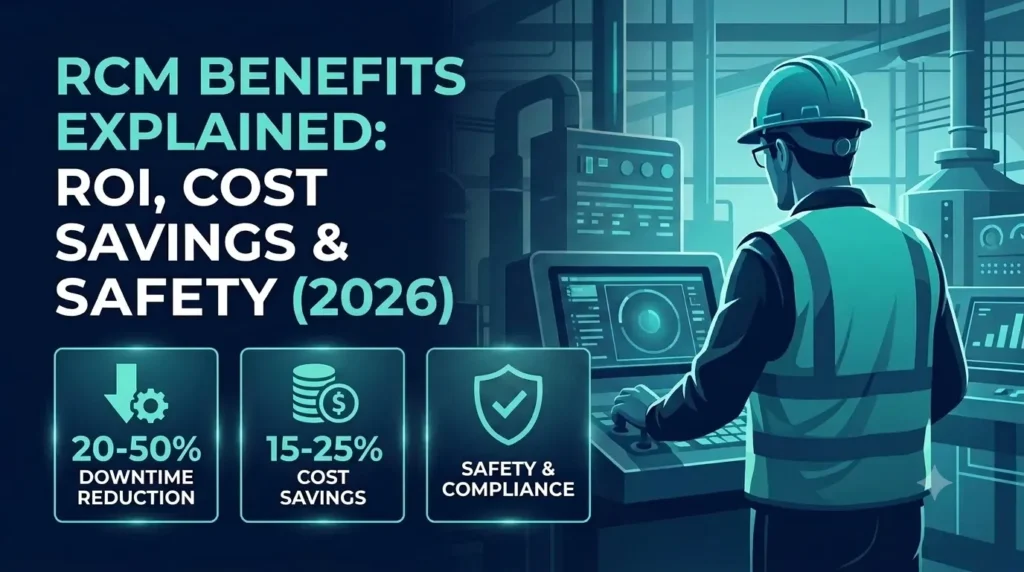 Visual replacement banner for RCM benefits explainer video, covering ROI, cost savings, and plant safety.