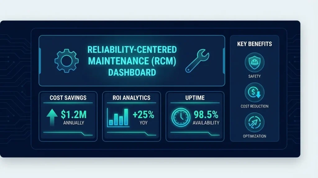 Infographic dashboard displaying reliability-centered maintenance benefits, ROI metrics, and cost savings.