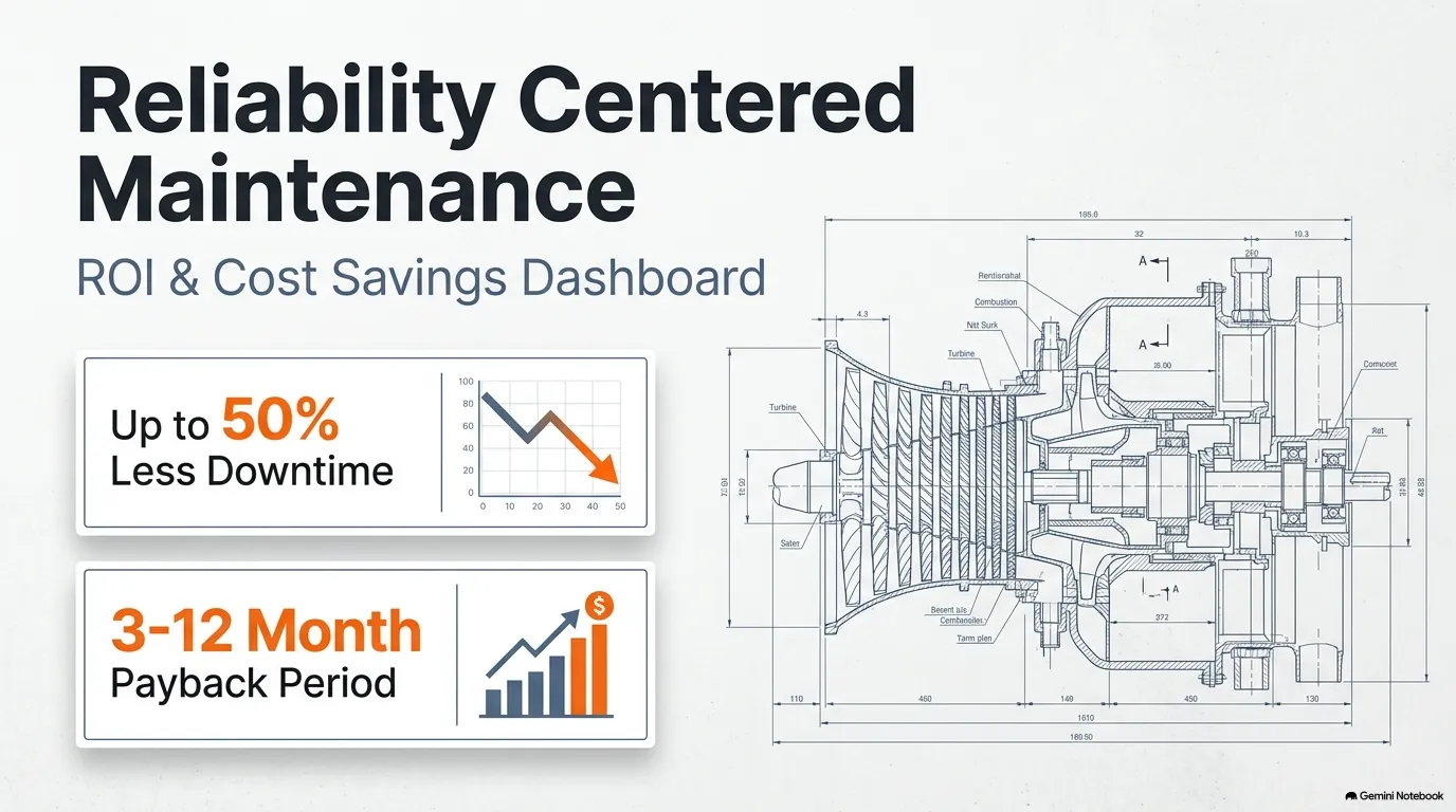 Professional dashboard displaying reliability-centered maintenance benefits, ROI metrics, and cost savings in a modern manufacturing plant.