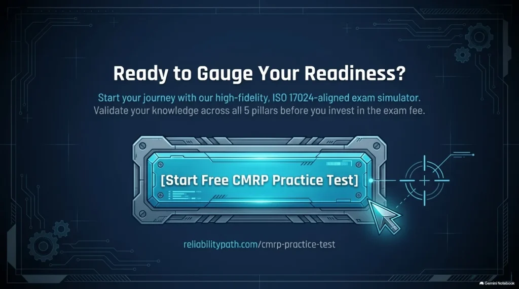  Conversion banner inviting users to take a free CMRP practice test on Reliability Path.