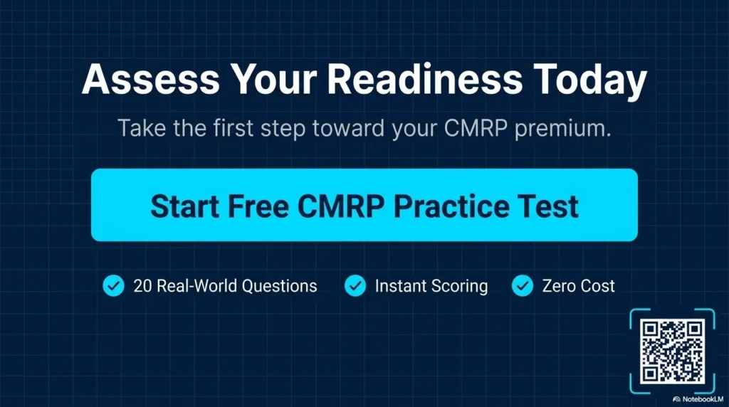 Banner invitation to take a free 20-question CMRP practice exam with instant analytics on Reliability Path.