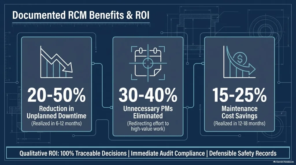 Infographic dashboard highlighting measurable RCM benefits including 20-50% downtime reduction and 30-40% eliminated PMs.