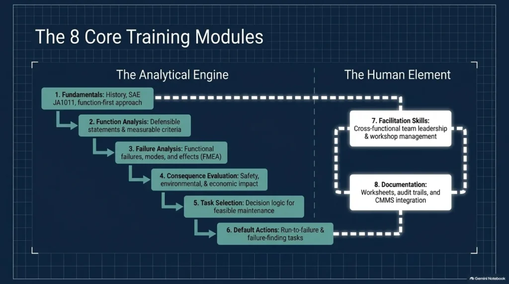 Architectural diagram illustrating the 8 core modules of RCM training from function analysis to facilitation skills.