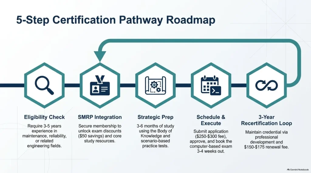 Horizontal pipeline roadmap illustrating the 5 steps to get RCM certified from eligibility check to 3-year recertification.