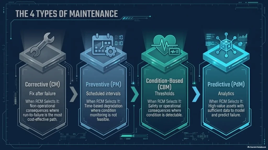 Infographic diagram explaining how RCM selects among Corrective, Preventive, CBM, and Predictive maintenance.