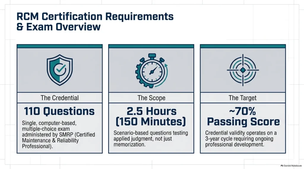 Information banner detailing RCM certification eligibility, computer-based exam format, and total cost breakdown.