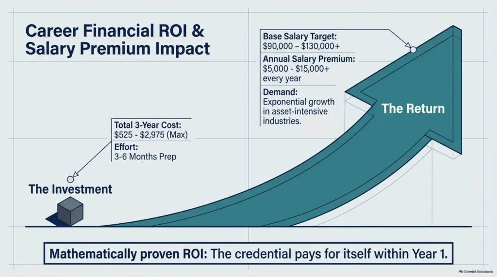 Financial balance scale graphic comparing RCM certification costs against annual salary premiums and career advancement.