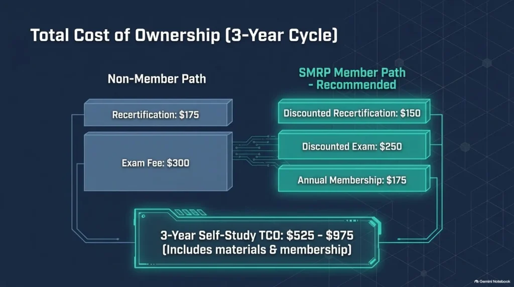  Comparative visual diagram displaying 3-year total cost of ownership for RCM certification and SMRP membership savings.