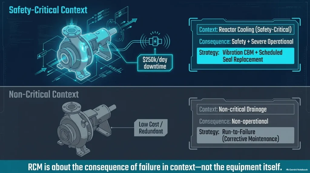 Comparative diagram showing identical centrifugal pumps receiving opposite maintenance strategies based on failure consequence.
