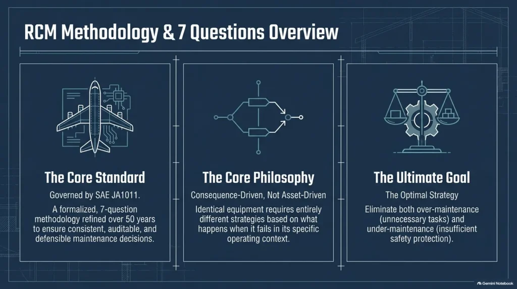 Information banner detailing Reliability Centered Maintenance definition, aviation history, SAE JA1011 standards, and 7 core questions.