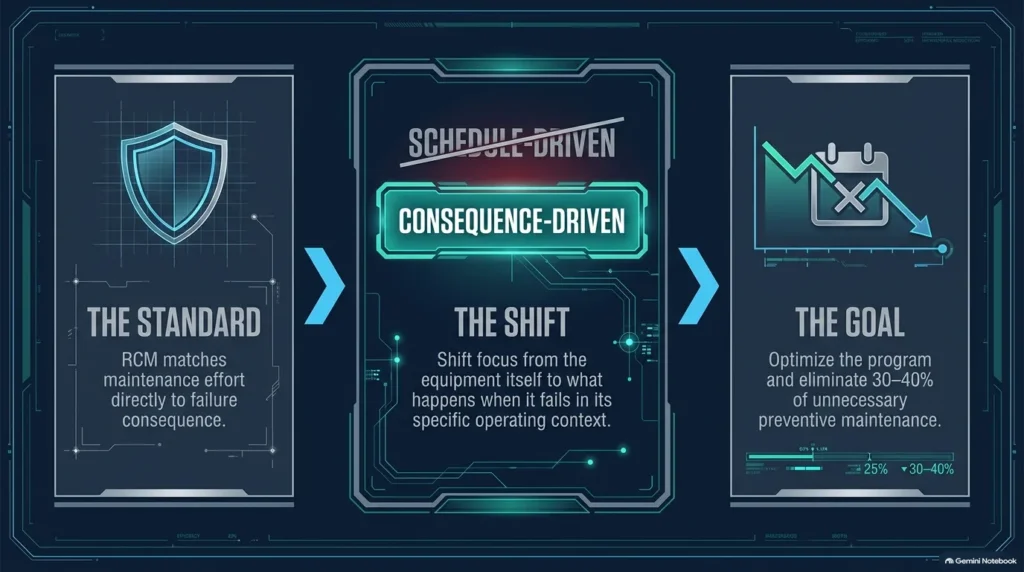 Information banner explaining reliability centered maintenance definition, 7 questions, and consequence logic.