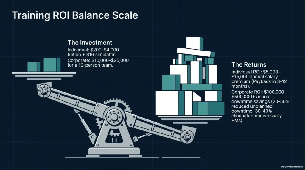 Infographic balance scale comparing RCM training costs against annual salary premiums and plant downtime savings.