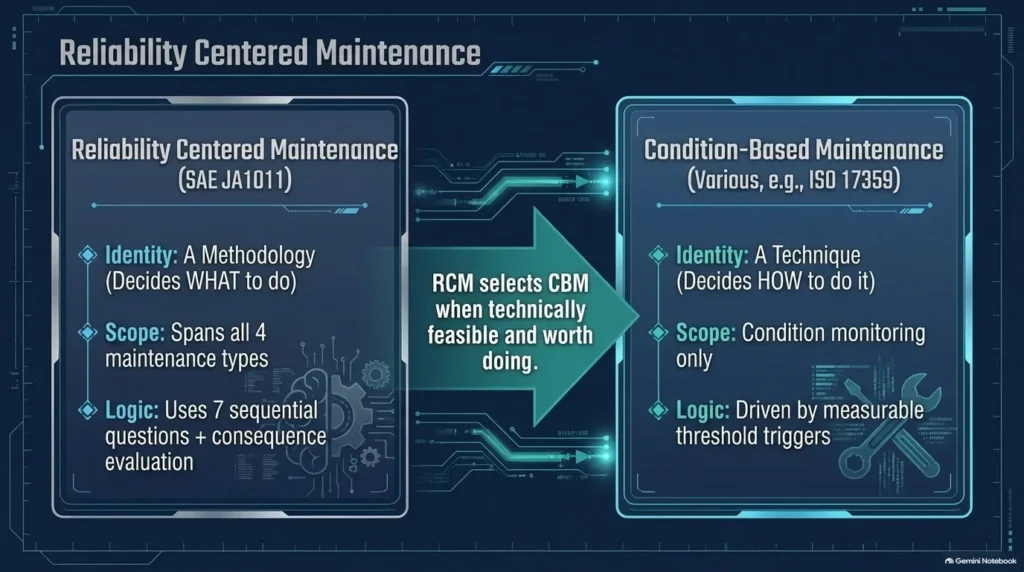 Visual comparison matrix showing the difference between RCM (decision methodology) and CBM (monitoring technique).