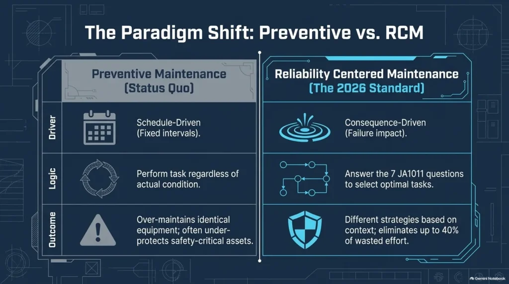 Visual comparison matrix contrasting schedule-driven Preventive Maintenance with consequence-driven Reliability Centered Maintenance.