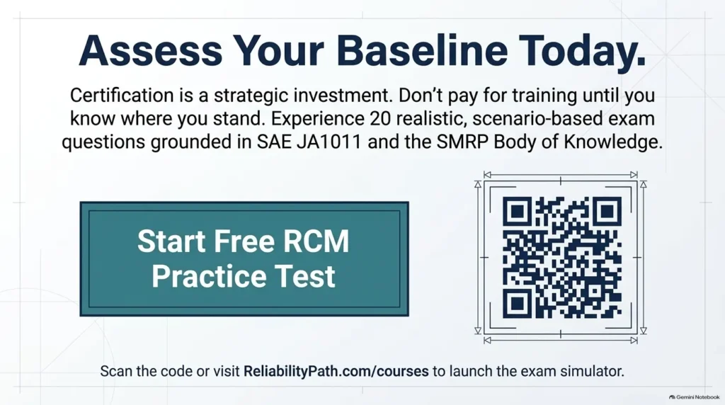 Call-to-action banner inviting users to take a free 20-question RCM certification practice exam on ReliabilityPath.