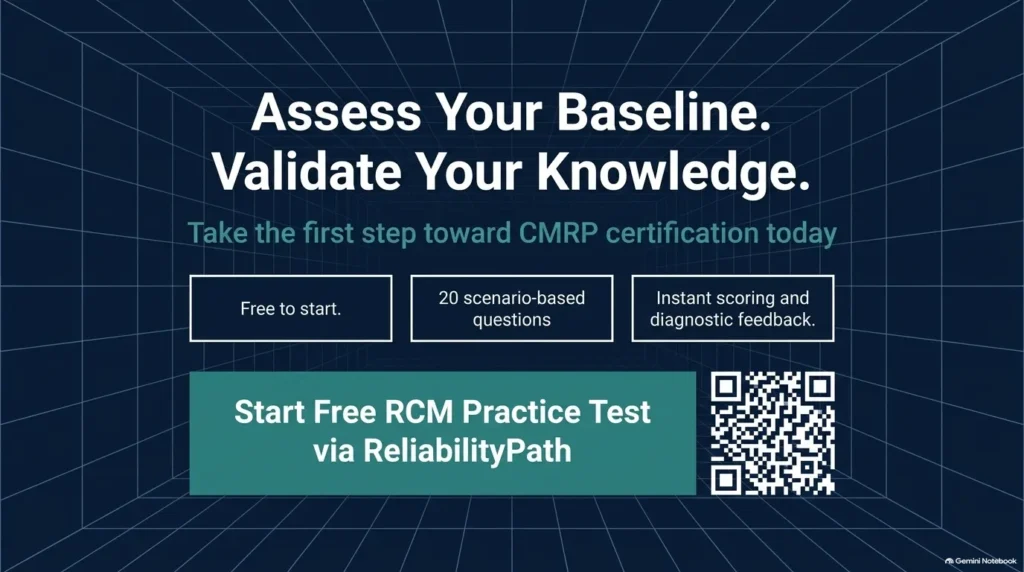 Call-to-action banner inviting users to take a free 20-question RCM practice exam on ReliabilityPath.