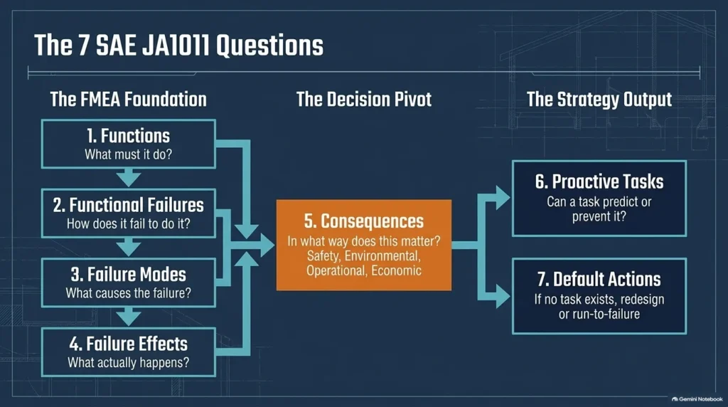 Flowchart diagram mapping the 7 sequential SAE JA1011 RCM questions from FMEA analysis to task selection and default actions.