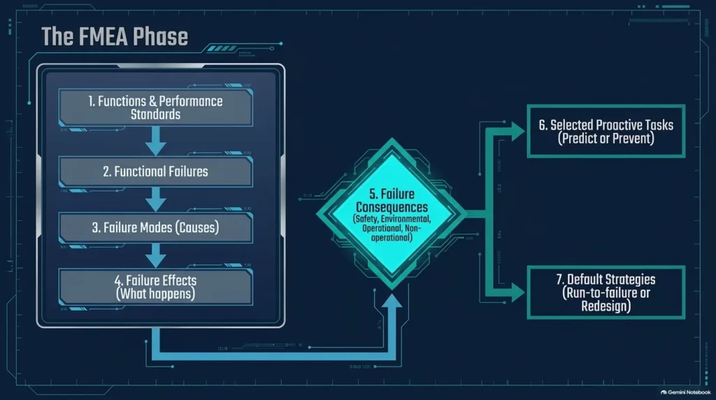 Flowchart diagram mapping the 7 sequential SAE JA1011 RCM questions from function analysis to task selection.